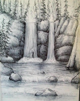 Как нарисовать водопад карандашом поэтапно