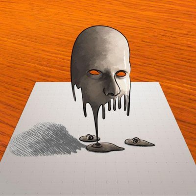 Как нарисовать тающую 3D маску на бумаге поэтапно